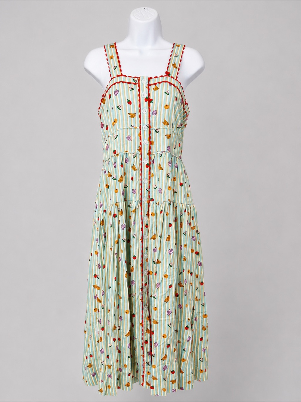 Madison Me Ashlyn Fruit Print Stripe Midi Dress Button Front Tiered Sundress